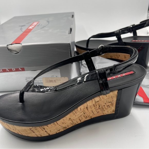 NEW AUTH PRADA SPORT ROSA LINEA 38 8 CORK PLATFORM PATENT THONG SANDAL BLACK NIB - Picture 6 of 11